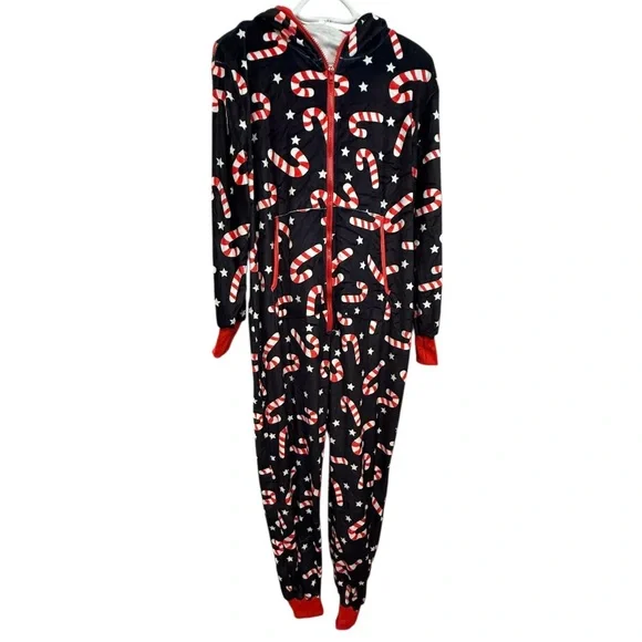 Unisex Adult Candy Cane Christmas Onesie Hoodie Pajamas Sz Small Fleece NWOT - Picture 1 of 9